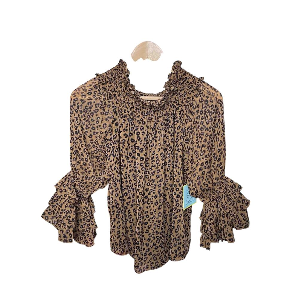 CeCe NWT Leopard Print Off The Shoulder Blouse XS Spicewood Smocked Ruffle Artsy